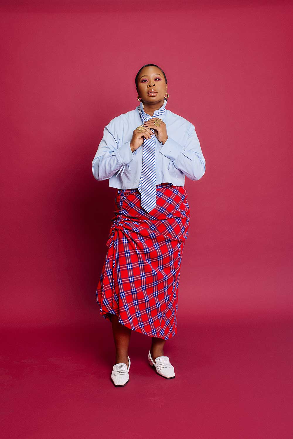 mid length red plaid skirt